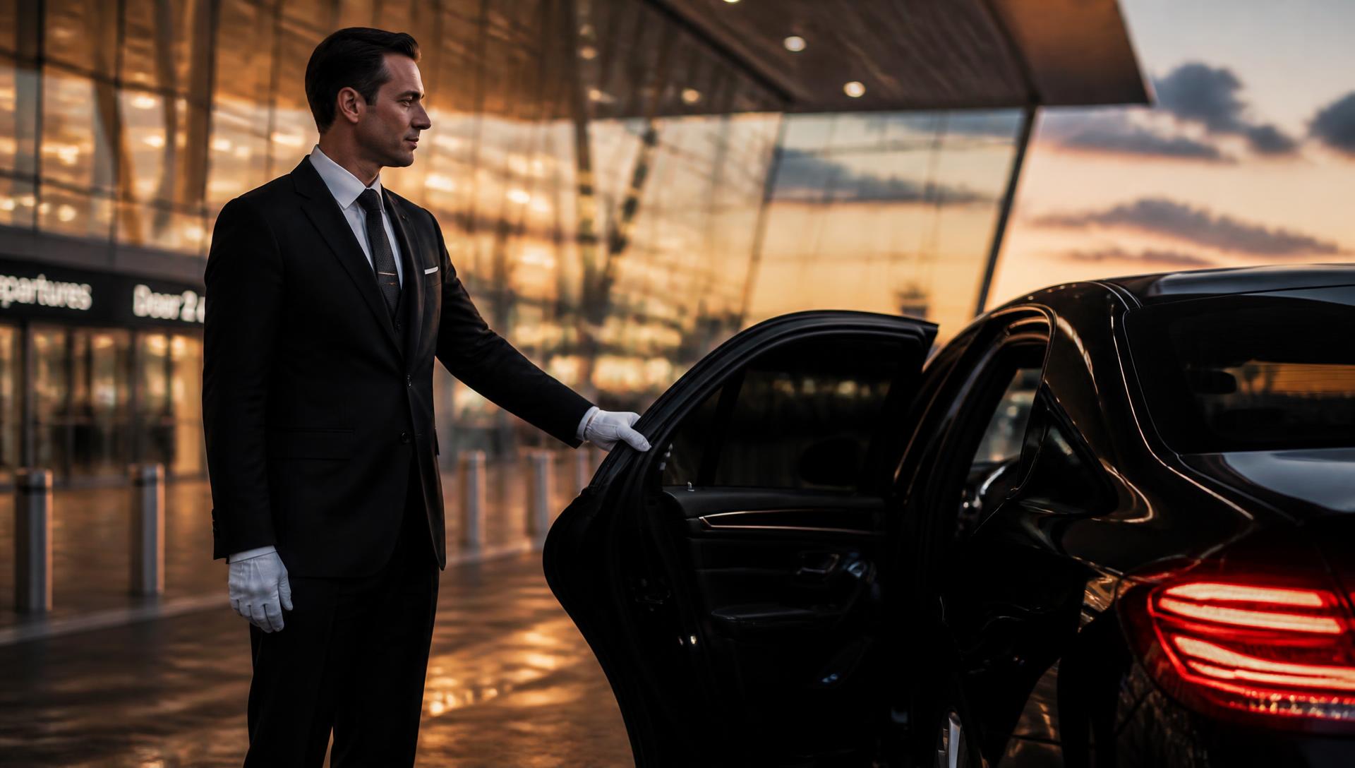 Chauffeur van ODYS opent het portier van een premium sedan bij de luchthaven